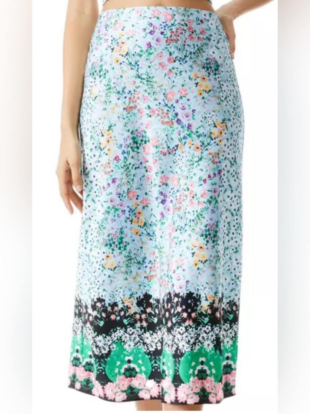 Alice + Olivia Silk Pastel Blue Floral Midi Skirt with Multi-Color Border